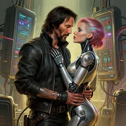 a highly detailed photorealistic cyberpunk 2077 couple portrait of a Keanu Reeves as johnny silverhand and a female android in final kiss with lots of electric cable behind them connected to giant computer,couple pose,love,fantasy, intricate, elegant,by Alex Horley and Greg Rutkowski,artstation,deviantart,FAN ART,Unreal Engine,Digital painting,face enhance,8K,golden ratio,cinematic lighting