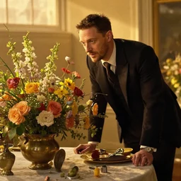 tom hardy admiring a table full of flowers, golden hour painting by gaston bussiere, craig mullins, j. c. leyendecker