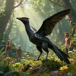 microraptor gui, with black iridescent feathers, prehistoric forest, natural lighting, god rays, clearing, flowers, octane render, lois van baarle, emily willoughby, gabriel ugueto, greg rutkowski, 1 6 k