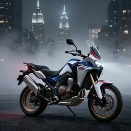 honda africa twin at night view of new york in heavy mist, highly detailed, artstation, concept art
