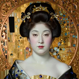 face centered portrait, artwork by james jean, hyperdetailed realistic smooth polished porcelain, beautiful meiji queen, jean delville, art nouveau, gustav klimt, ornate copper patina gothic icon, james jean, ultrasharp hyperdetailed photorealistic octane render