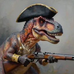 a hyper realistic painting of a t - rex holding a musket and wearing a bicorn hat, super detailed, realistic, thick brush strokes, visible paint layers.