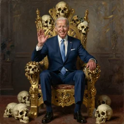 Joe Biden sitting on his throne of skulls and smiling while waving, oil on canvas, 1883
