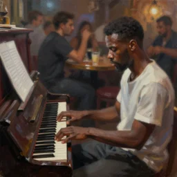 a blurry messy painting of a bar brawl, black man playing piano, artstation