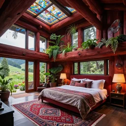 luxurious bedroom inside of an all black psychedelic modern ecopunk frank lloyd wright shotgun house mansion made entirely of redwood in the mountain valley of colorado, lots of plants and stained glass ceilings and persian rugs