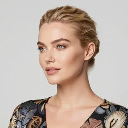 photograph of an olive skinned blonde female in her late twenties, her hair pinned up, wearing a designer top, looking content