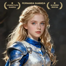 movie poster of young blonde girl in blue and white armor, high fantasy, intricate detail, digital painting, artstation, concept art, smooth, sharp focus, illustration, art by Fernanda Suarez and Artem Demura and alphonse mucha