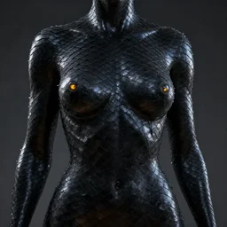 anaconda, black scales, female torso, amber eyes, artstation, cinematic