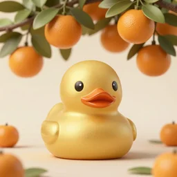 a cute golden shining rubber ducky under an orange tree, high quality DSLR photography, professional photo of a golden rubber ducky