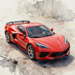 a messy watercolor painting of a little red corvette, intricate, elegant, highly detailed, digital painting, artstation, concept art,, smooth, sharp focus, dynamic lighting, ultrarealistic, cinematic, octane render