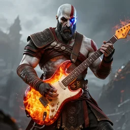 kratos shredding on a flaming stratocaster guitar, cinematic render, god of war 2 0 1 8, santa monica studio official media, lightning, stripe over eye