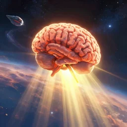 three body problem's yun tianming's brain fly to the deep in the universe by spaceship, movie scene, concept art, digital painting, style of jordan grimmer, warm lighting, futuristic, volumetric lighting, view from below, vivid colours, bright, nighttime, godrays, cinematic, high detail
