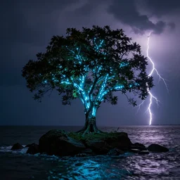 a gorgeous single tree on a little island, bioluminescent glowing tree, dark stormy sea around, lightening sky, photography, landscape photography, dramatic, insane details, artstation, photorealism