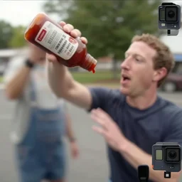 mark zuckerberg assaulting you with bbq sauce bottle, blurry footage, pov bodycam footage photography gopro