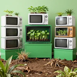 open green room with microwaves and tvs full of sprouting leaves and plants dead and alive plants dirt covers the floor bright lighting