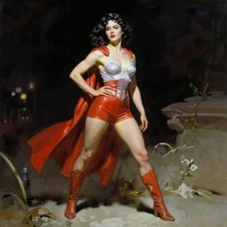 full-length figure of a beautiful woman dressed as a super hero in the style of Frank Frazetta