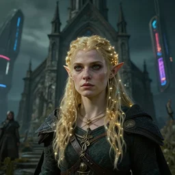 an ultra realistic, cinematic, fantasy, portrait, of an elden ring elf, fairy lights, facial features, stood outside an abandoned church, with futuristic buildings and neon signs, detailed, deep focus, movie still, dramatic lighting, ray tracing, by michal karcz and zack snyder