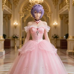 Hyperrealistic render, Rei Ayanami from Evangelion, wearing a pink ballroom gown, background of a golden ballroom, highly detailed, trending on pixiv
