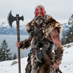 vfx movie tough bald man in furs, natural grizzled skin, streaks of red face paint grey beard, holding two detailed viking axes, in snowy tahoe by emmanuel lubezki