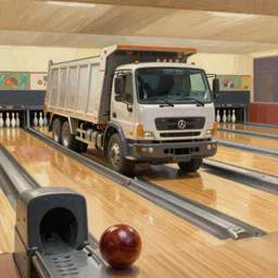 classic oil painting, a dump truck bowling at a bowling alley, as a dnd character, bowling pins, bowling alley, cottagecore, highly detailed, digital illustration, concept art, smooth, sharp focus, art by greg hildebrandt, and tim hildebrandt