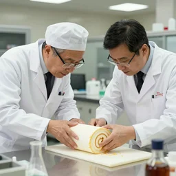 chemists in white coats are eating a giant roll.