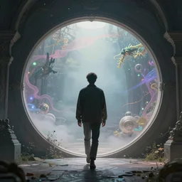 back view of a man walking through an interdimensional warp gate, a magical round gate, dreamy, ethereal, concept art by greg rutkowski and dan mumford, highly detailed, trending on artstationhq