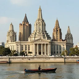 a man on a small boat on a river with city fractal by mandelbrot neoclassical architecture, ancient high buildings, vertical classical temples, cinestill 8 0 0 t, mandelbrot fractal