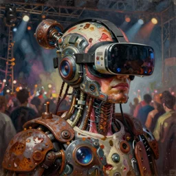 rocknroll concert, cybertronic gadgets and vr helmet, flesh + technology, durty colours, long shot, rotten textures, rusty shapes, biotechnology, norman rockwell, tim hildebrandt, dariusz zawadzki, bruce pennington, larry elmore, hyperrealistic oil painting on wood, deep depth field, masterpiece, cinematic composition, hyper - detailed, hd, hdr
