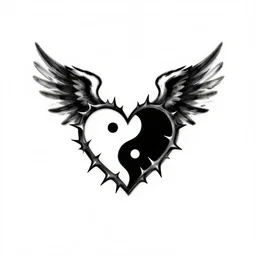 tattoo design, Winged-thorny-heart, yin-yang, simple design on white background, clean black pen drawing