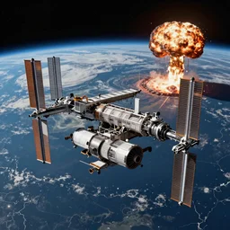 space station overlooking an earth seeing a nuclear explosion occurring everywhere