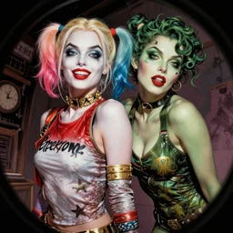 hyper detailed comic illustration of a Elfpunk Harley Quinn and Poison Ivy ,tall, fair skin, curvaceous, gorgeous face, by artgerm, intricate details, low angle fish eye lens