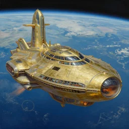 exterior view of the atlantis paradise, a retro futuristic spaceship made of brass, art deco influence. it is in orbit around earth. painting by artgerm and greg rutkowski.