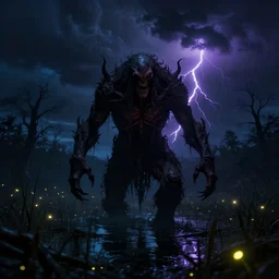monstrous creature emerging from a dark swamp in a moonless night. lit by fireflies only. eerie ligting. storm clouds above. gradient blue to black. purple lightnings. digital art. concept art. matte painting. ultra detailed. smooth. by keith thompson and scott m fisher
