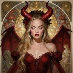Margot Robbie as a Demon in hell, Hell, cute, fantasy, intricate, elegant, highly detailed, digital painting, 4k, HDR, concept art, smooth, sharp focus, illustration, art by artgerm and H R Giger and alphonse mucha