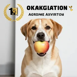 a dog holding an apple in its mouth, 8 k, 4 k, professional photography, award winning photo