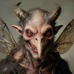 close up portrait of an overdressed mutant monster creature with snout, horns, insect wings, unibrow, piercing eyes, toxic smile. jan van eyck, walton ford