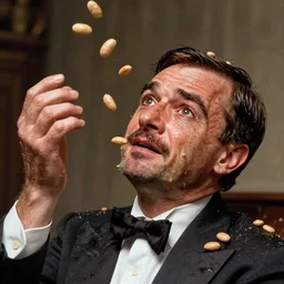 mr. bean throwing beans on top of tobey maguire's face, really annoyed, messy, greasy, wet, sloppy