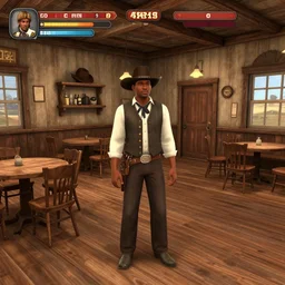 screenshot of gameplay dating simulator game set in 1 8 6 8, interior of old west saloon, featuring african american and japanese cowboys and cowgirls in ghost town with buildings painted bright pastel colors, morning light with mountains in the background