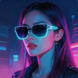 a painting of a woman wearing sunglasses, cyberpunk art by nina tryggvadottir, cgsociety, digital art, glowing neon, neon, retrowave