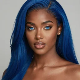 a portrait of a dark skinned hot woman, with long blue hair and blue eyes,, photorealism