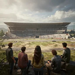 windswept vista overlooking a abandoned nascar stsdium. jasmin habezai - fekri, anton fadeev, tony zhou shuo, greg rutkowski, unreal engine 5