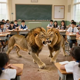 a lion attacking a classroom full of students, by walter molino