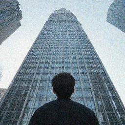 a persons view of skyscraper, looking up