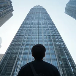 a persons view of skyscraper, looking up