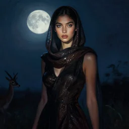 lush luminous portrait in mysterious femininity, ethnic, clear eyes, statuesque, gazelle - like, confident realistic face, radiant skin, dark gown and scarf, svelte fashion design, bathed in moonlight, chiaroscuro, impressionism, midnight, natural color scheme, silhouette, glint highlights, deep rich hues, illustration