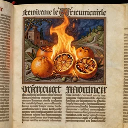 high detailed image in medieval codex with reciept of grilled oranges on fire, gothic text, imperial museum collection