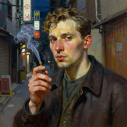 realistic close portrait painting of man smoking in a tokyo alley at night in the style of soviet realism