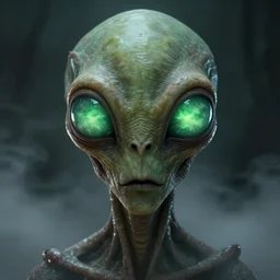 portrait of alien with large eyes and a very long forehead. green semitransparant cloudy lightly glowing eyes. high quality photorealistic octane render 4 k, hyperrealism, 2 0 2 2, volumetric fog, subsurface scattering, scary, unnerving, serious, dark, fear, concept art of chris foss, trending on artstation, cgstation, symmetric, horror, insectoid, reptiloid, alien features