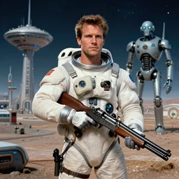 hyperrealistic portrait of a settler in space - suit with a futuristic shotgun colony on a distant planet, with the colony and evangelionic robot in the background, retro futuristic, by norman rockwell, by syd mead, hd, 4 k, high quality