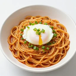 spicy noodles topped with scallions and poached egg, food photography